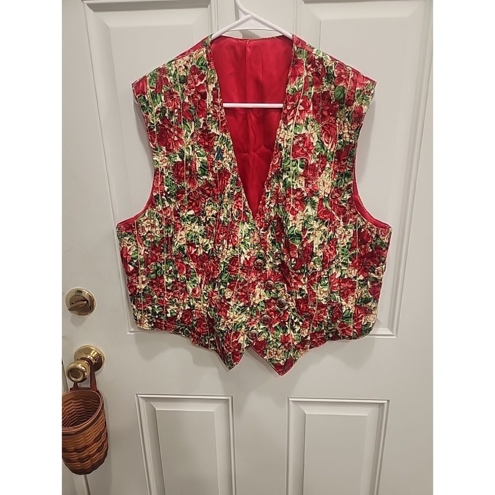 Vintage 90's Handmade Christmas Poinsettia Grandma‎ Vest With Red Gold Details